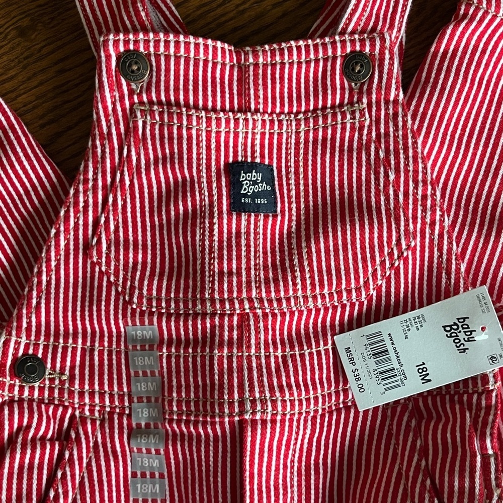 baby B’gosh • red & white striped bib overalls